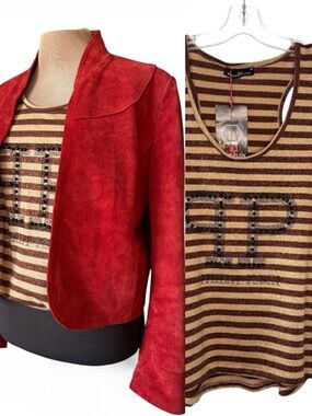 Philipp Plein shimmery Gold+ Copper Striped racer back Tank with beaded logo M